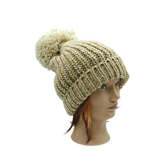 C.C Exclusives Pom Pom Beanie Hat Taupe Tan Chunky Yarn Knit Fold Over Warm OSFM - Picture 3 of 12
